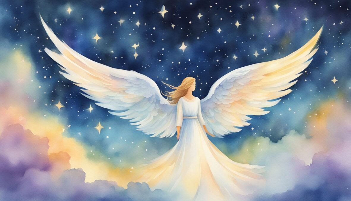 A bright, glowing 709 angel number hovers in the sky, surrounded by shimmering stars and a sense of peaceful energy