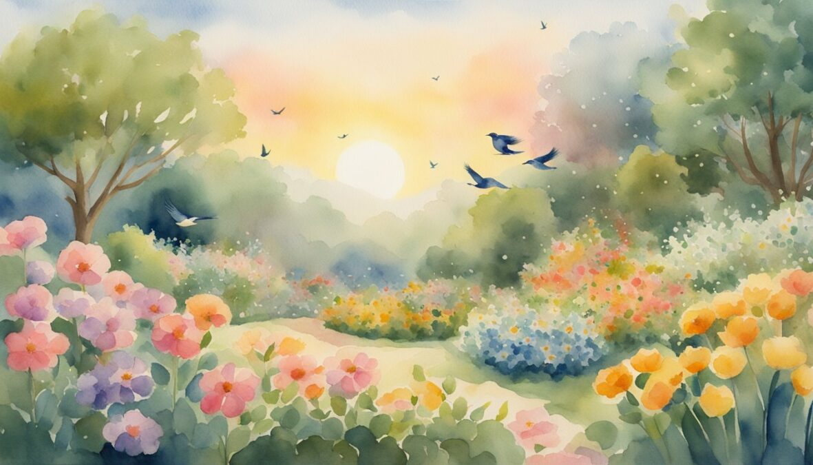 A serene garden with 71 flowers blooming, birds flying in pairs, and a radiant sun casting a warm glow