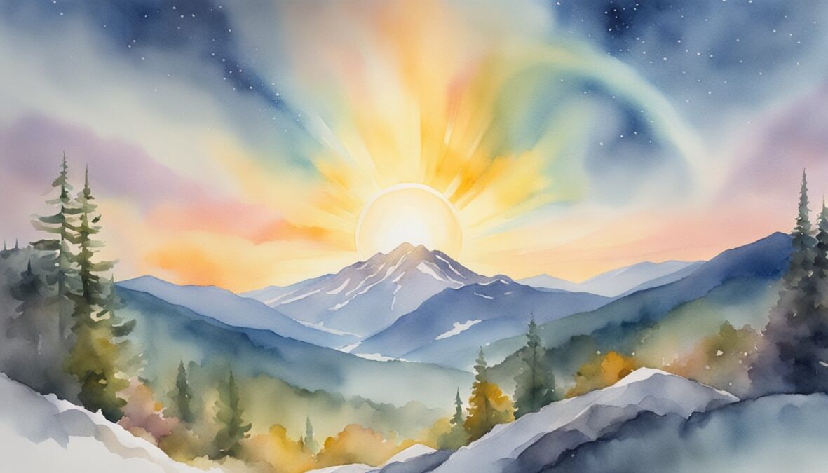 A bright, glowing halo hovers over a mountain peak, surrounded by a sense of accomplishment and contentment