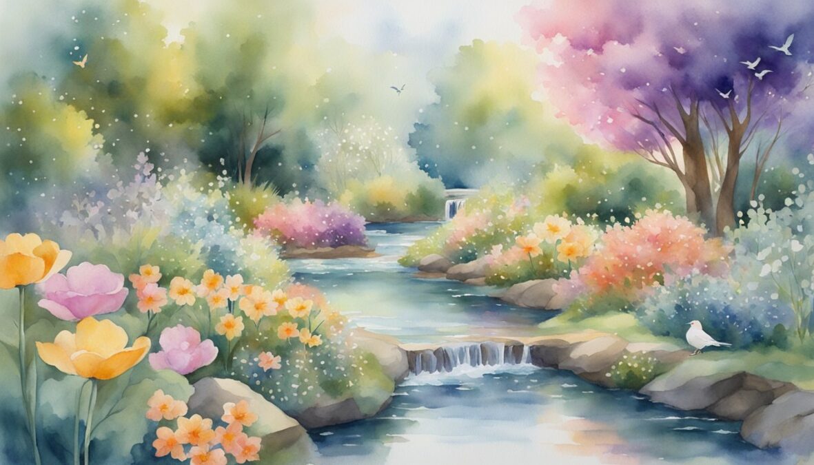 A serene garden with blooming flowers, a gentle stream, and birds singing in harmony under the watchful presence of a glowing 7447 angel number