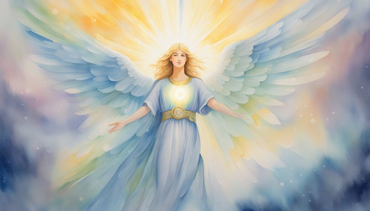 A glowing angelic figure hovers above a set of numbers, radiating wisdom and guidance.</p></noscript><p>Rays of light illuminate the numbers, symbolizing clarity and understanding