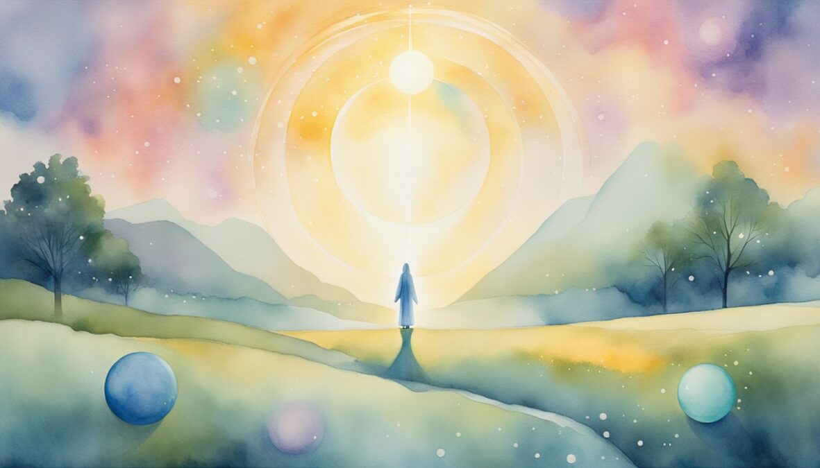A bright, celestial figure hovers above a peaceful landscape, surrounded by glowing orbs and a sense of divine guidance