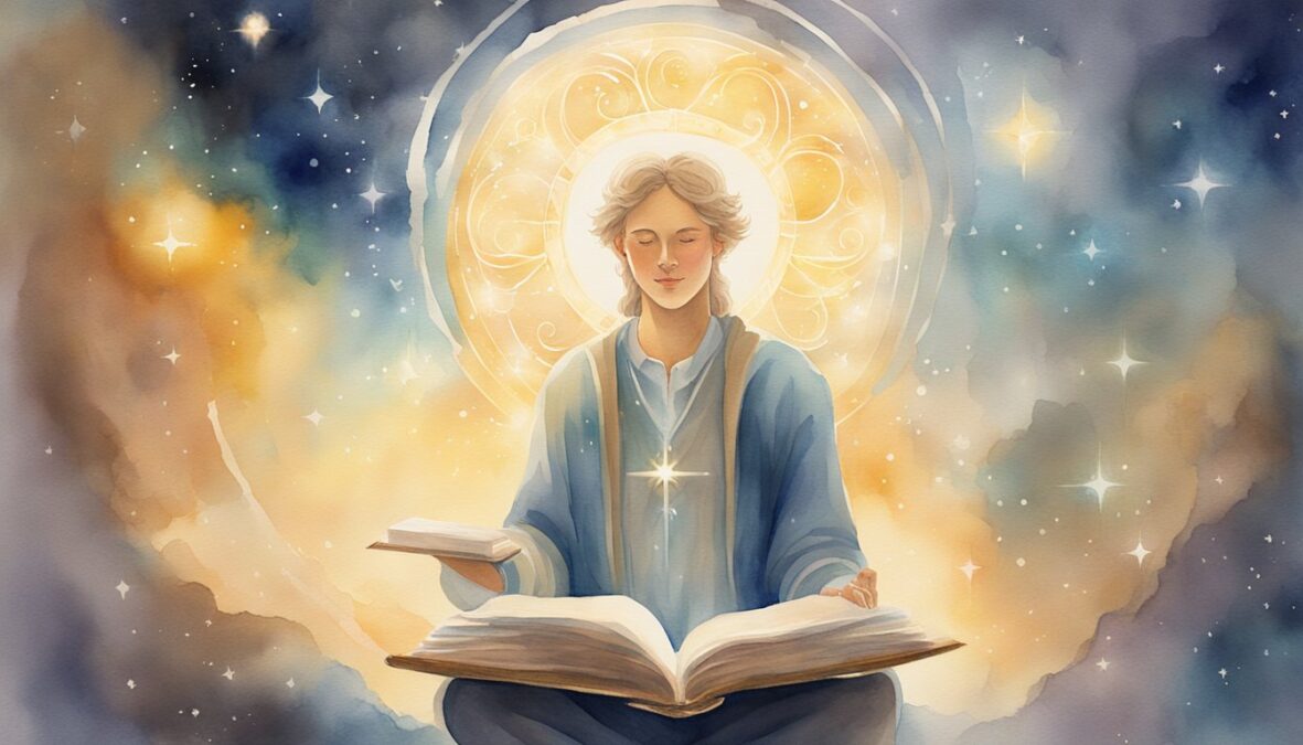 A glowing celestial figure holds a book with the numbers 765 floating around it, surrounded by ethereal light and a sense of wisdom and guidance