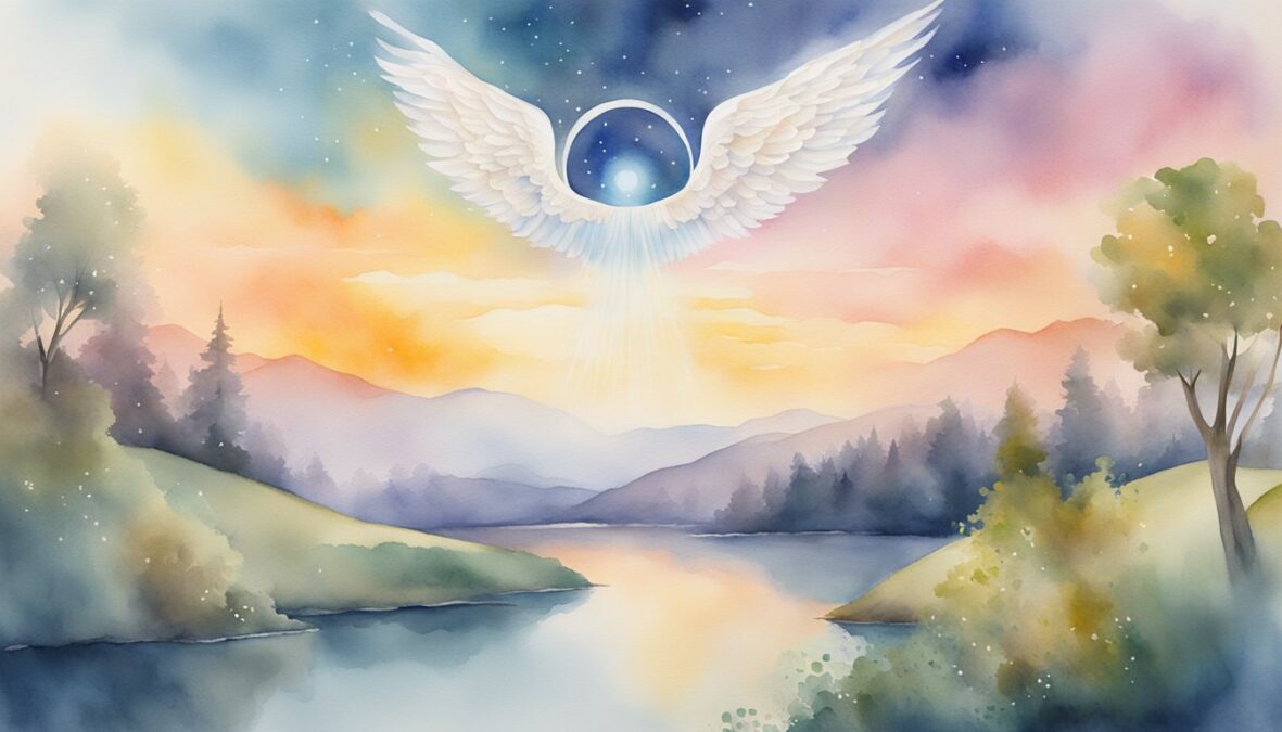 A glowing 7722 angel number hovers above a serene landscape, emitting a sense of mystery and divine communication