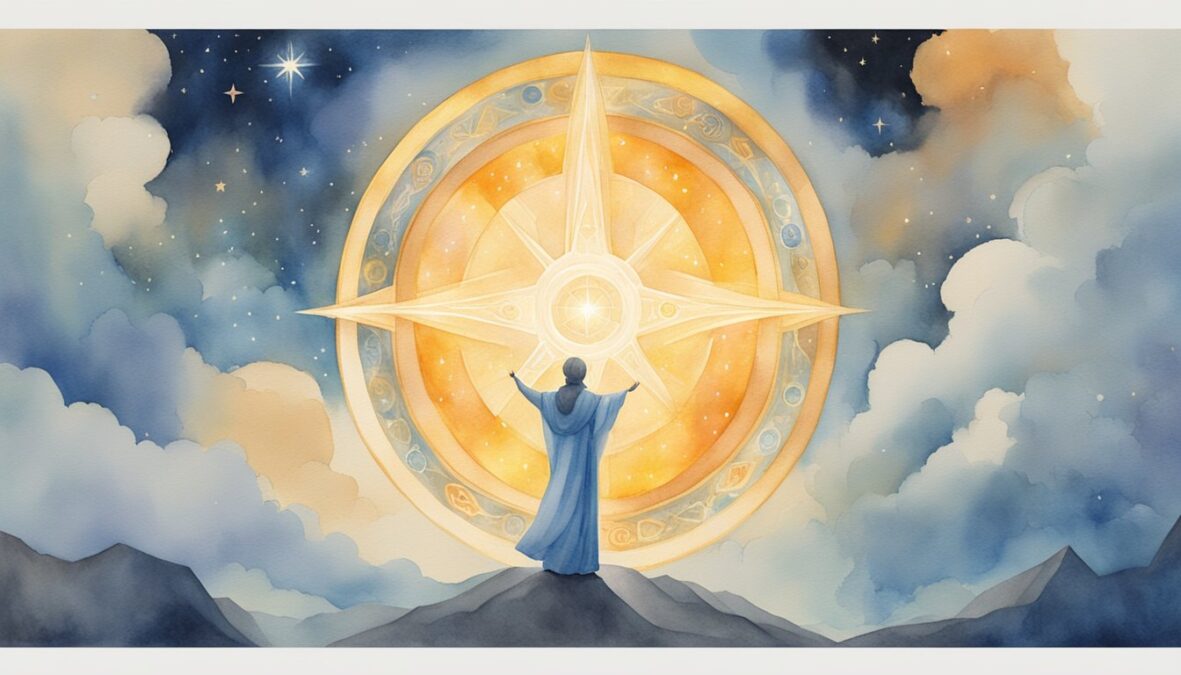 A glowing, celestial figure hovers over a person, radiating warmth and protection.</p><p>The number 7744 is illuminated in the sky, surrounded by symbols of guidance and support