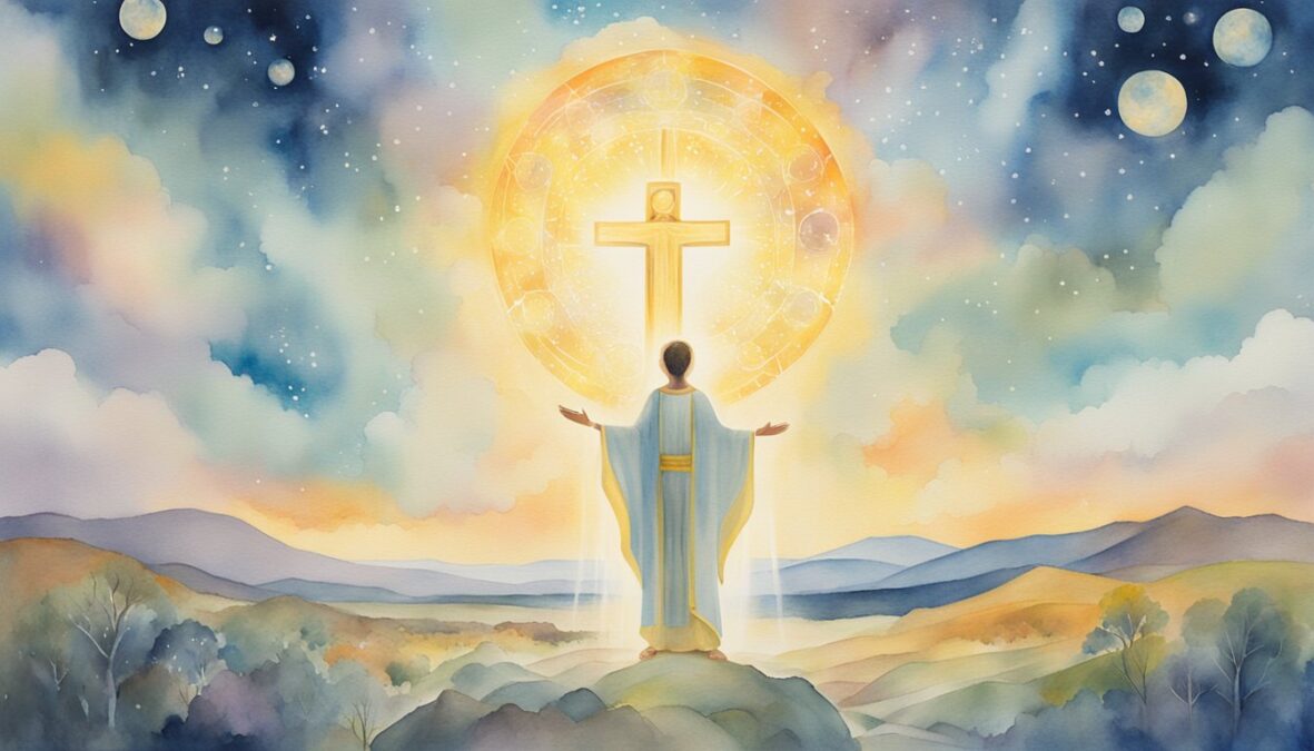 A bright, glowing figure stands before a serene landscape, surrounded by symbols of spiritual significance.</p><p>Angelic messages in the form of the number 801 appear in the sky