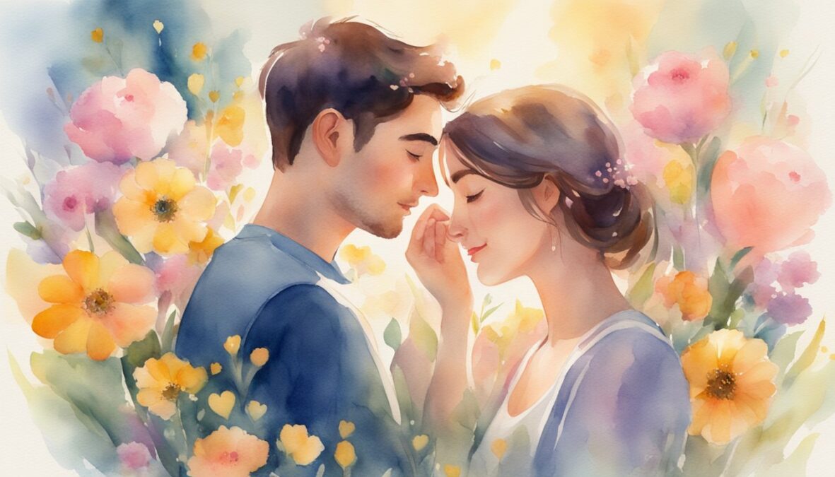 A couple embraces, surrounded by blooming flowers and hearts, while a radiant light shines down from the number 803 above them