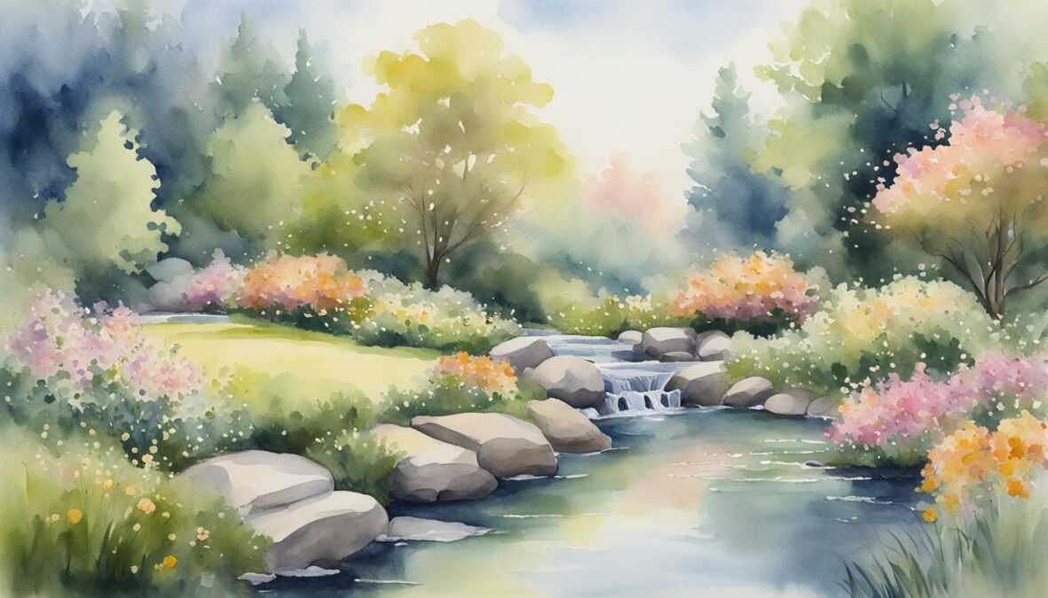 A serene garden with blooming flowers, a flowing stream, and a clear sky.</p><p>The number 803 is subtly integrated into the natural surroundings, symbolizing balance and harmony