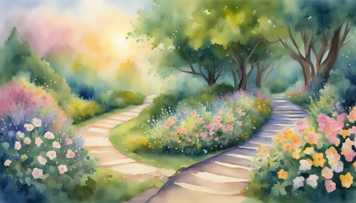 A winding path leads to a glowing 825 angel number, surrounded by blooming flowers and vibrant greenery, symbolizing the journey of embracing change