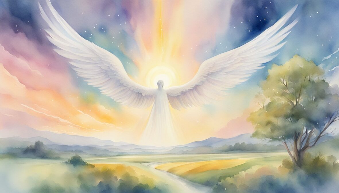 A glowing 8338 angel number hovers above a serene landscape, surrounded by celestial beings and radiant light