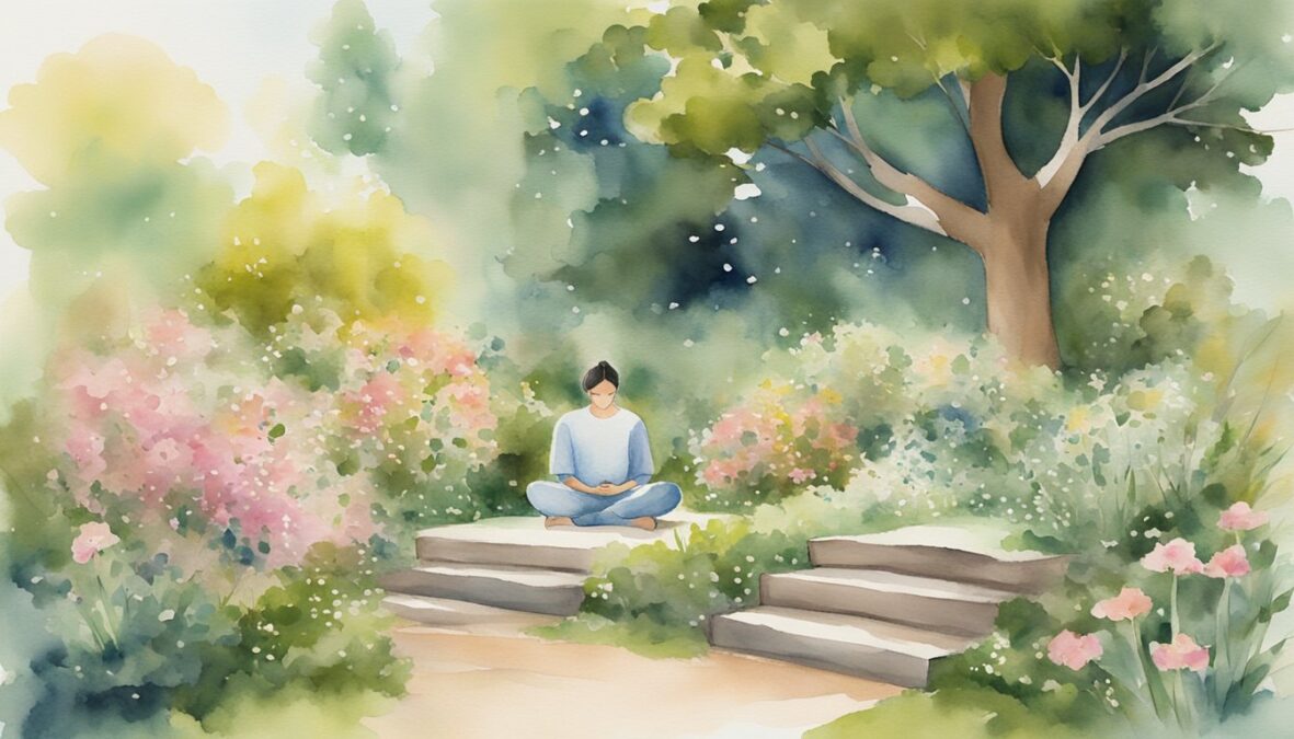 A person meditates in a peaceful garden, surrounded by blooming flowers and a gentle breeze.</p><p>The number 853 is prominently displayed on a nearby sign