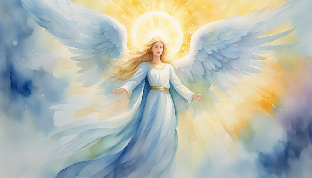 A bright, glowing angelic figure hovers above a set of numbers, radiating a sense of divine guidance and protection