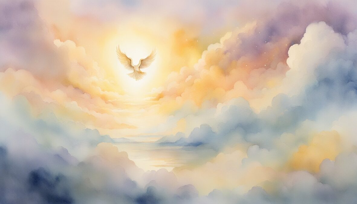 A glowing 8877 angel number hovers above a serene landscape, surrounded by soft clouds and a gentle golden light