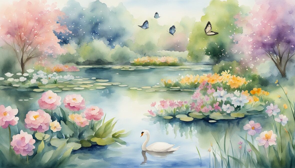 A serene garden with blooming flowers, two butterflies dancing in the air, and a pair of swans swimming gracefully in a tranquil pond