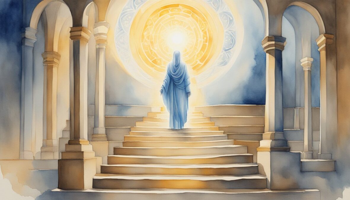 A glowing figure ascends a staircase towards a radiant light, surrounded by symbols of wisdom and enlightenment