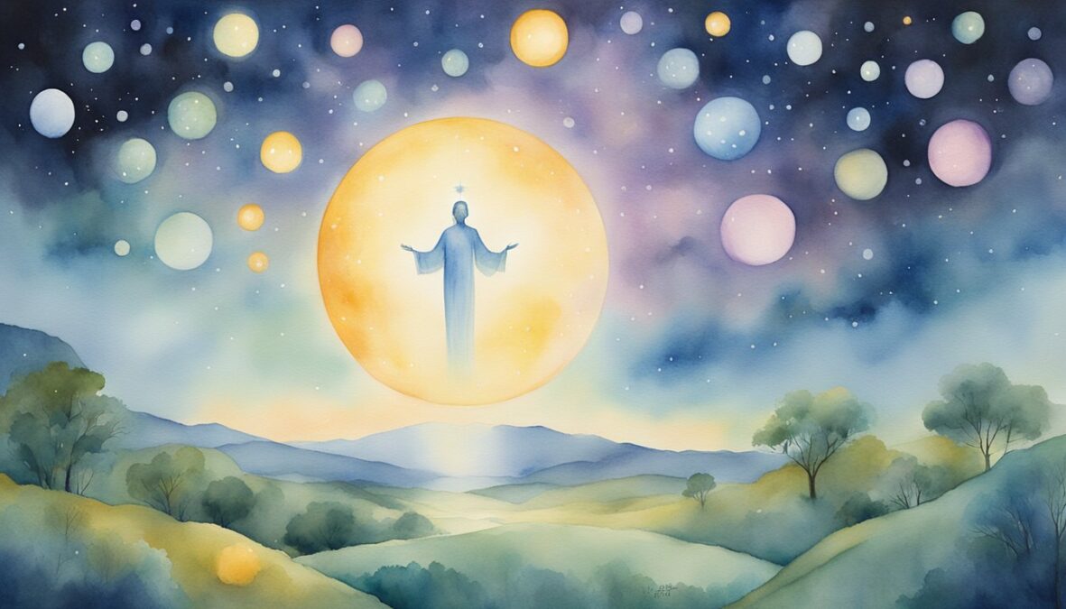 A bright, celestial figure hovers over a peaceful landscape, surrounded by nine glowing orbs, each representing a different aspect of spiritual significance