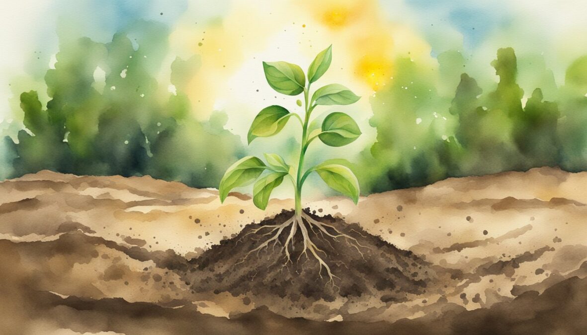A seedling breaking through the soil, reaching towards the sunlight, surrounded by symbols of growth and potential
