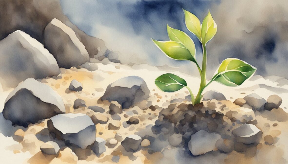 A seedling pushing through rocky soil towards sunlight, surrounded by obstacles but growing stronger with each struggle
