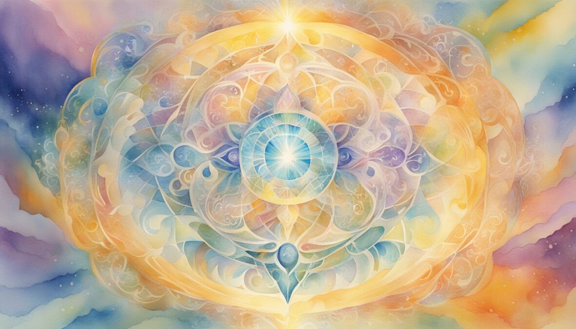 A radiant light emanates from the center, surrounded by swirling patterns of energy and ethereal symbols representing the spiritual dimensions of 904 angel number