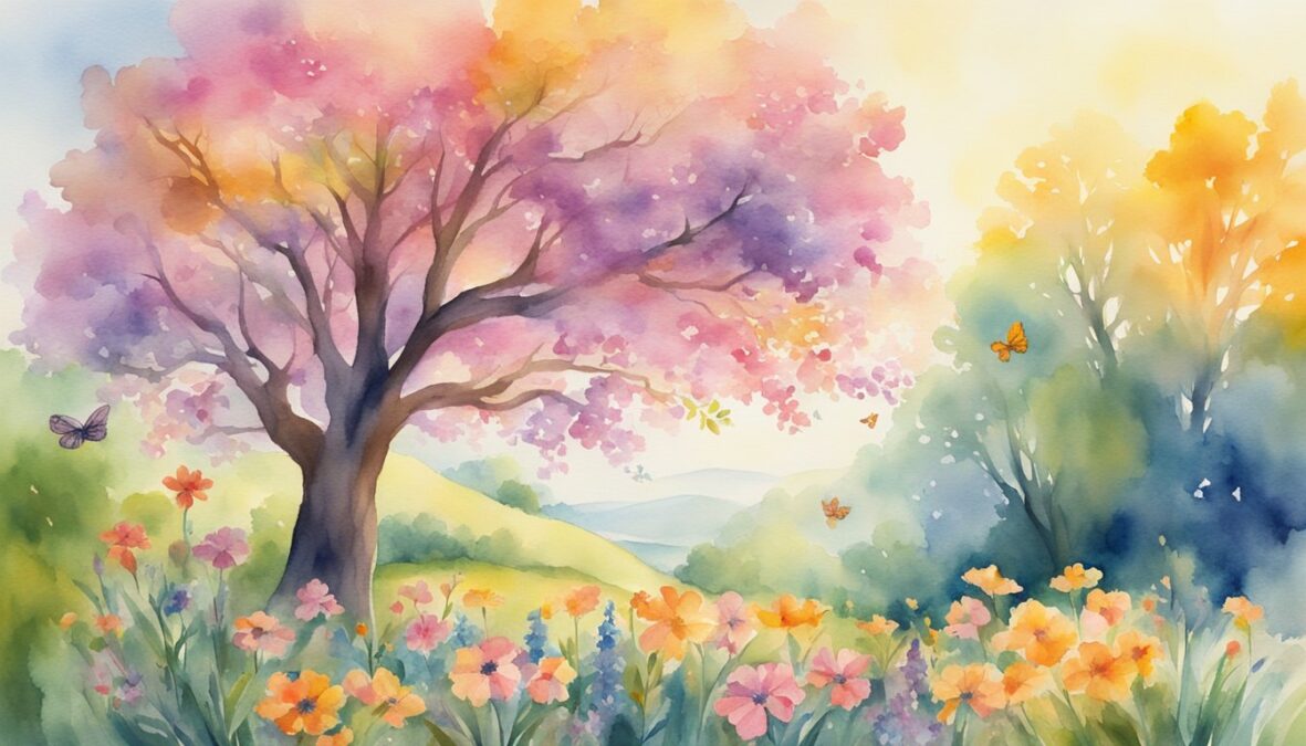 A vibrant garden with a tree growing tall, surrounded by blooming flowers and butterflies.</p><p>The sun shines brightly, casting a warm and uplifting glow over the scene