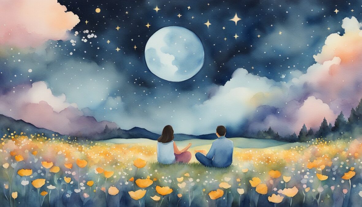 A couple sits under a starry sky, surrounded by blooming flowers, with the number 907 appearing in the clouds above