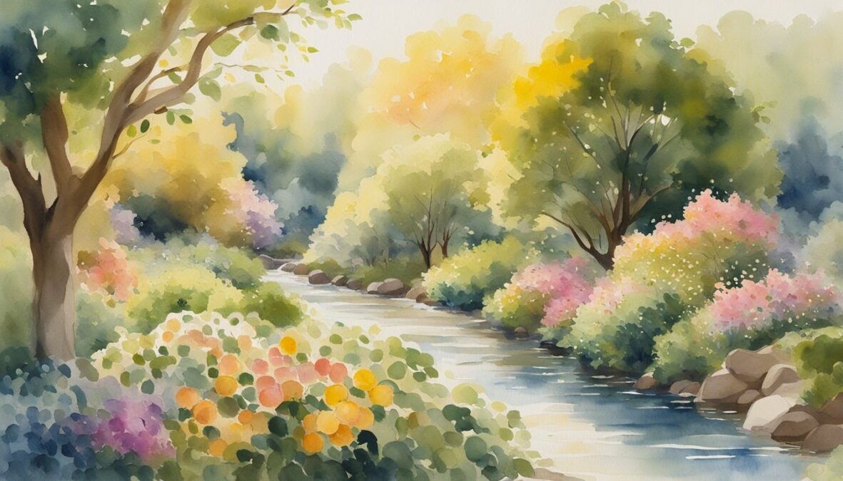 A lush garden with blooming flowers, overflowing fruit trees, and a flowing stream, all bathed in golden sunlight, with the numbers 907 appearing subtly in the natural elements