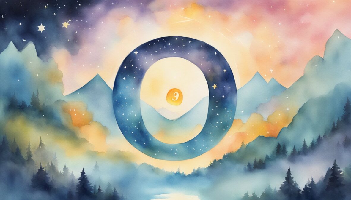 A glowing number 930 hovers above a serene landscape, surrounded by celestial symbols and glowing angelic figures