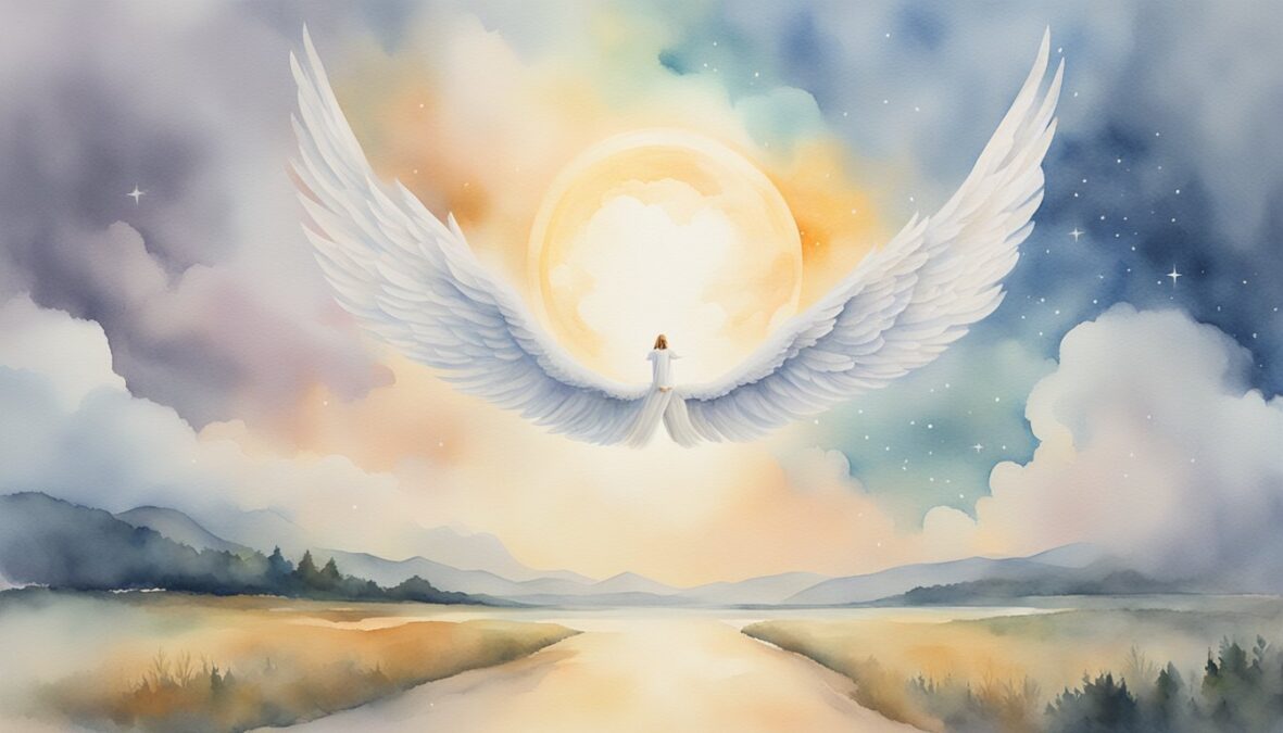 A glowing 943 angel number hovers above a serene landscape, surrounded by celestial light and gentle clouds