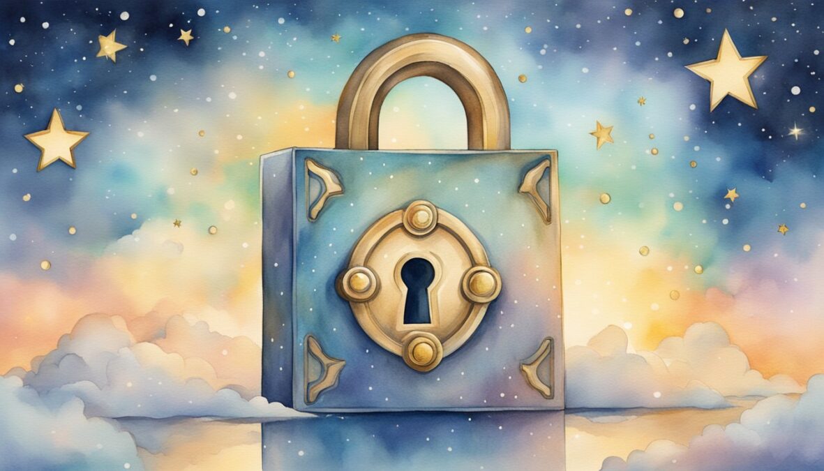 A heart-shaped lock and key floating in a celestial sky, surrounded by twinkling stars and a soft glow