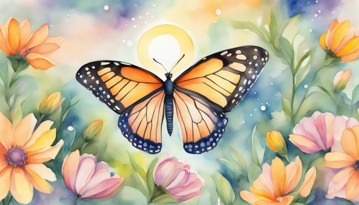 A vibrant butterfly emerges from a cocoon, surrounded by blooming flowers and a rising sun, symbolizing positive change and embracing life transitions