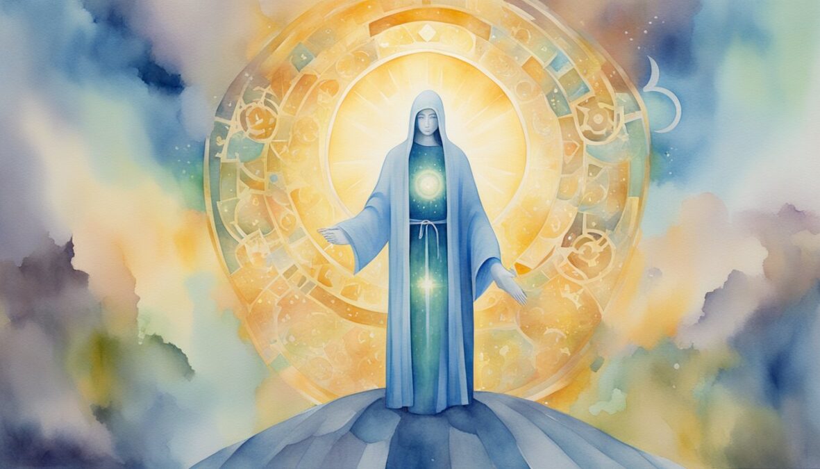 A figure stands in a beam of light, surrounded by symbols of spirituality and connection.</p></noscript><p>The number 97 glows above, radiating a sense of divine guidance and protection