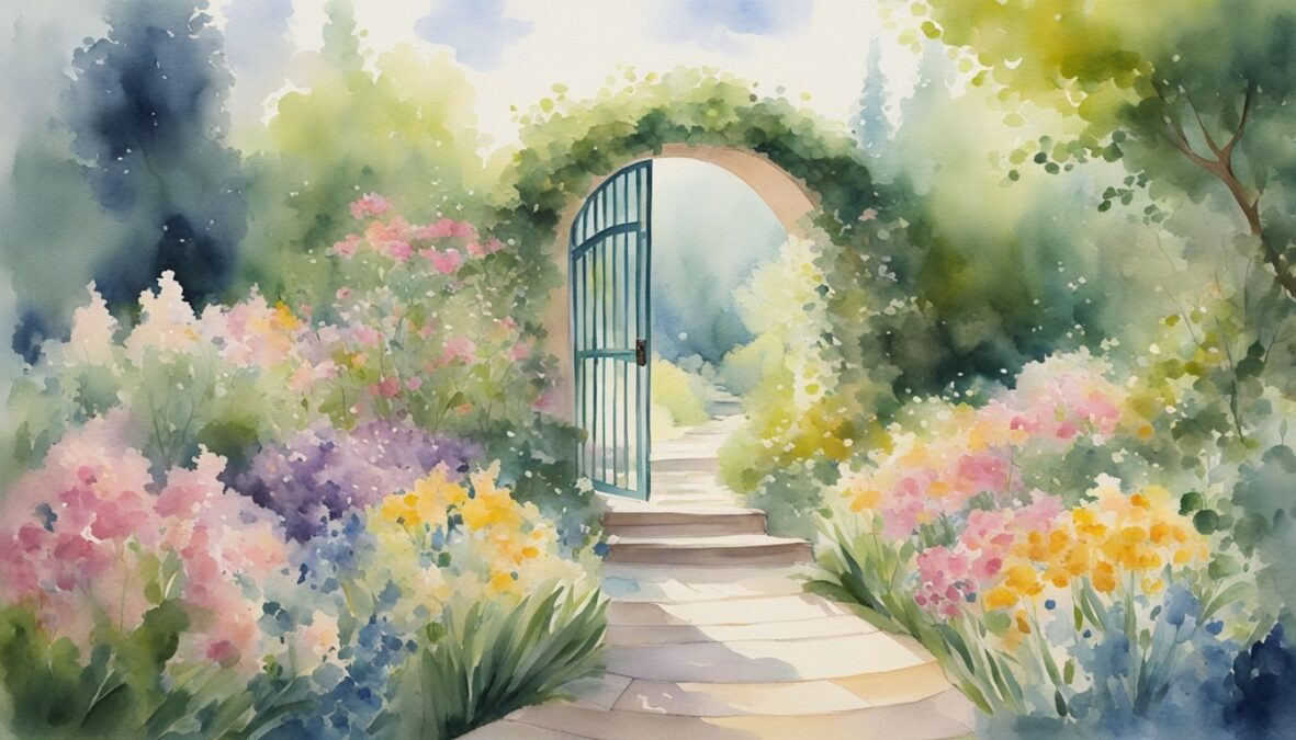 A serene garden with blooming flowers, a winding path leading to a bright, open doorway, and a radiant figure ascending towards the heavens