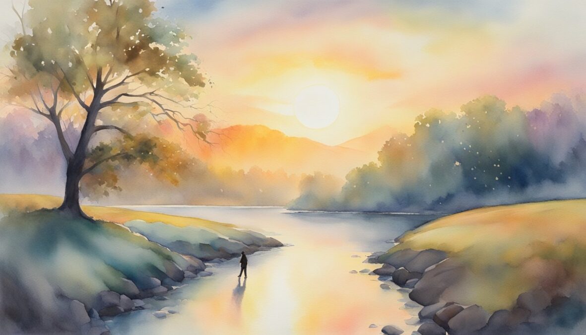 A figure stands at the intersection of two paths, one leading towards a radiant sunrise and the other towards a tranquil river.</p><p>The number 987 glows above, surrounded by ethereal energy