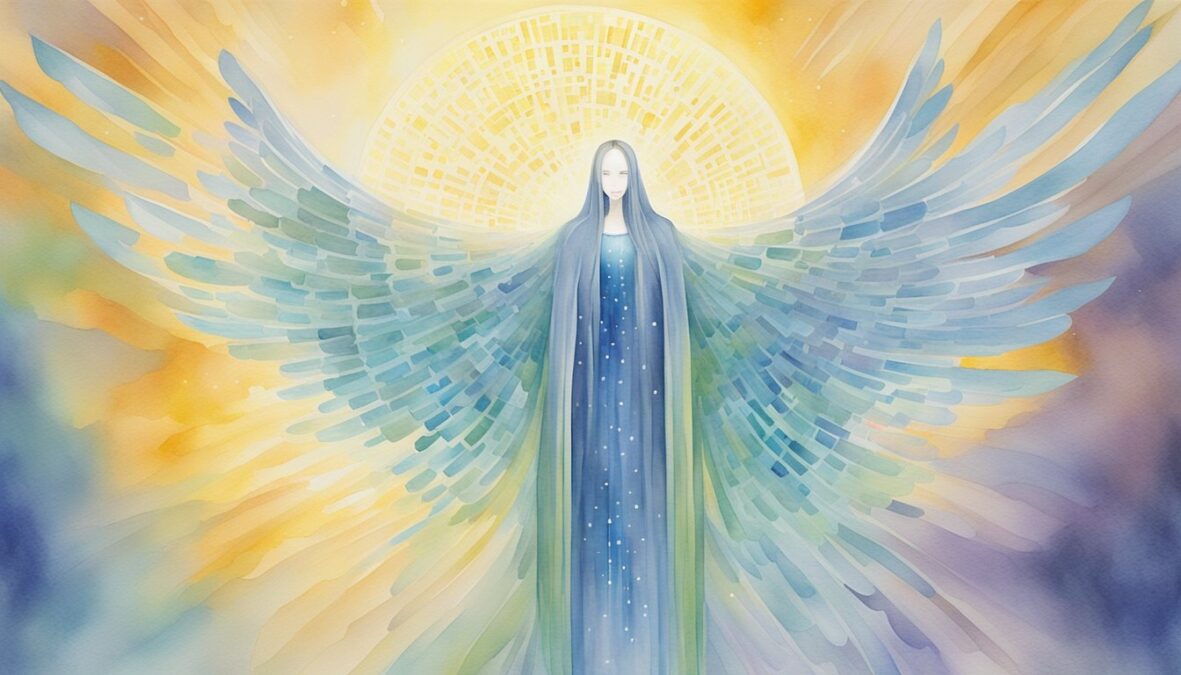 A glowing figure surrounded by binary code, with wings and a halo, emanating a sense of divine wisdom and guidance
