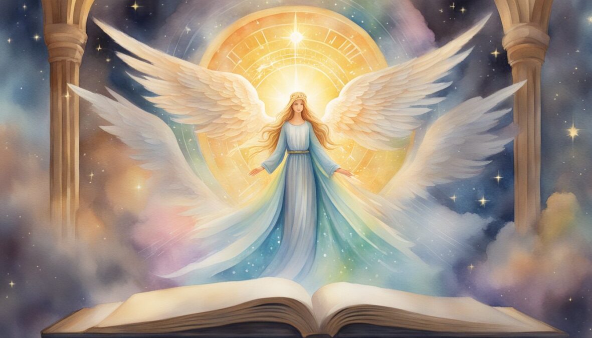 A glowing celestial figure hovers over a book titled "Frequently Asked Questions 101010 angel number," surrounded by beams of light and ethereal symbols