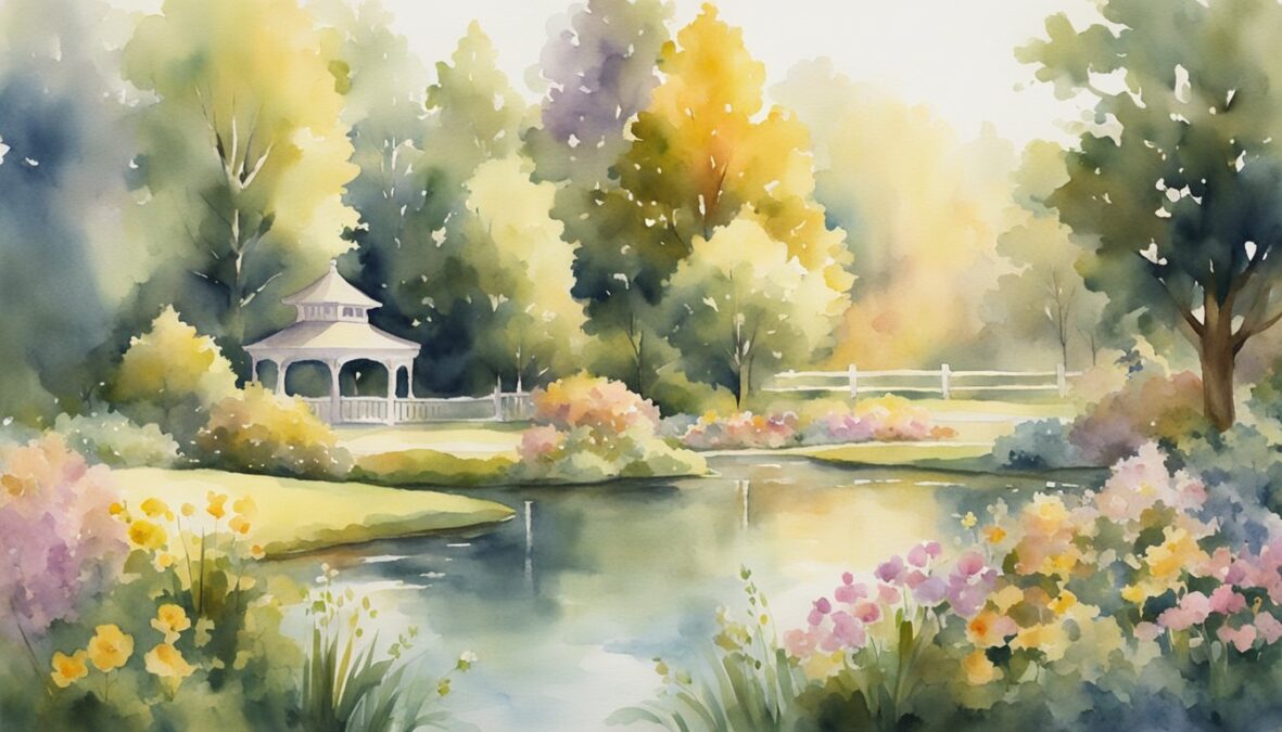 A serene garden with blooming flowers and a peaceful pond, surrounded by tall trees and bathed in soft, golden sunlight