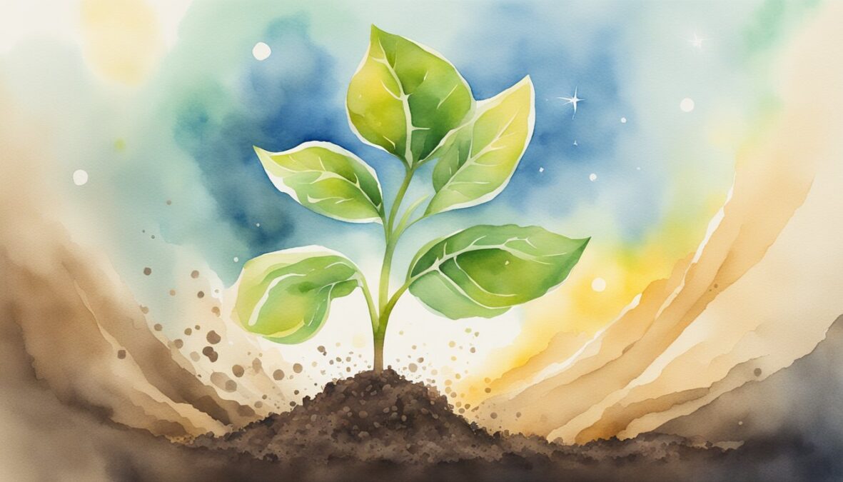 A seedling pushing through the soil, reaching towards the sunlight, surrounded by symbols of growth and potential