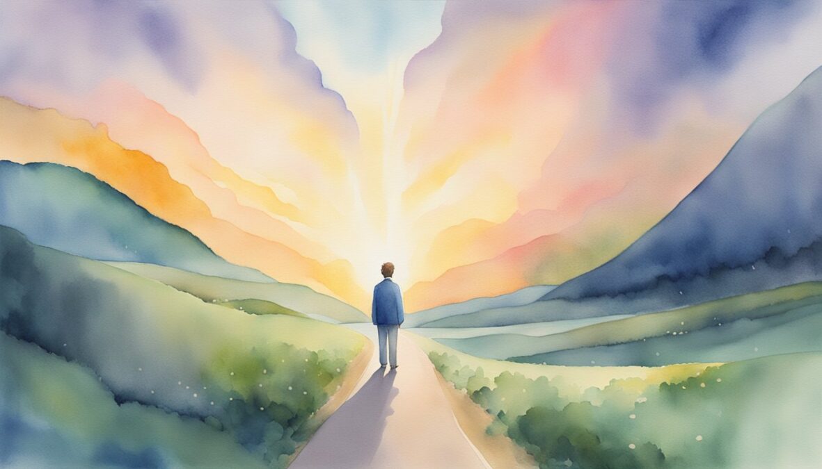 A figure stands at a crossroads, with a glowing 1043 above.</p><p>A serene aura surrounds the scene, symbolizing the impact of the 1043 angel number on daily living
