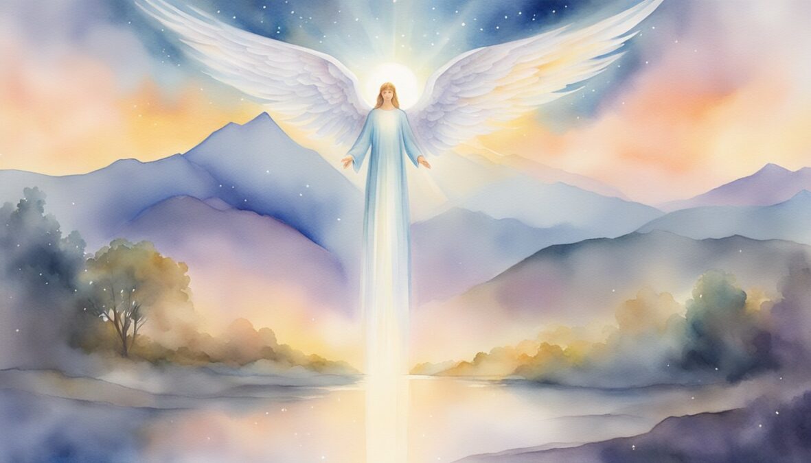 A glowing 1043 angel number hovers above a serene landscape, surrounded by celestial light and a sense of divine presence