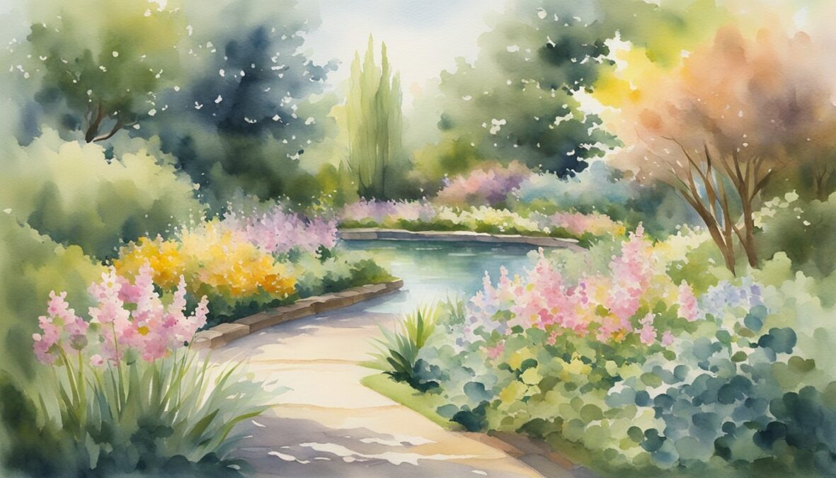 A serene garden with blooming flowers and a gentle breeze, as a ray of sunlight illuminates a path leading to a peaceful pond