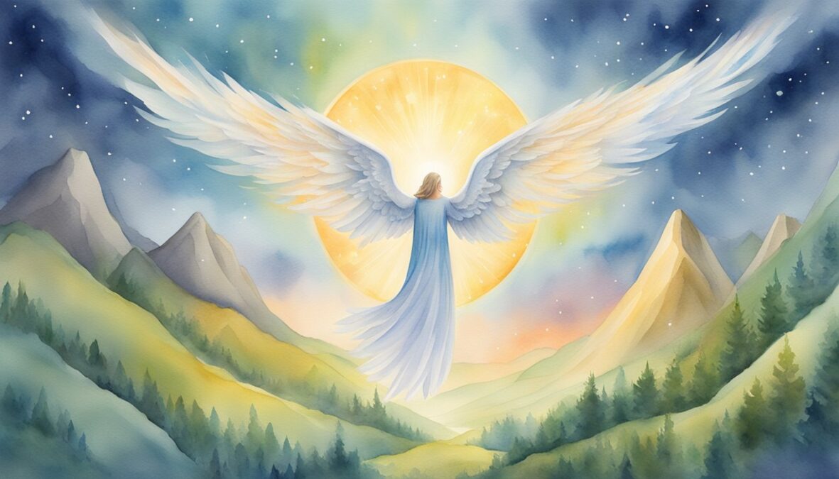 A glowing 1051 angel number hovers above a serene landscape, surrounded by celestial light and peaceful energy