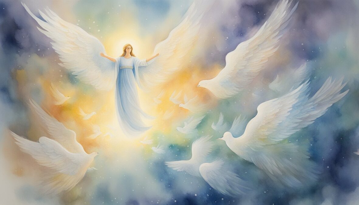 A figure stands in a beam of light, surrounded by ethereal beings with wings.</p></noscript><p>The figure reaches out, connecting with the guardian angels