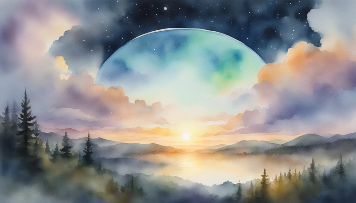A glowing 1239 hovers above a serene landscape, surrounded by celestial clouds and radiant light