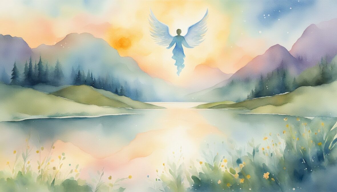 A glowing 1247 angel number hovers above a serene landscape, surrounded by celestial light and peaceful energy