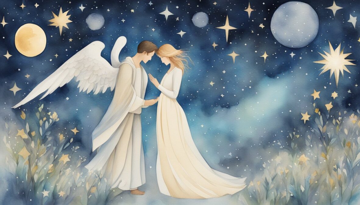 A couple embraces under a starry sky, surrounded by the number 1254 and angelic symbols