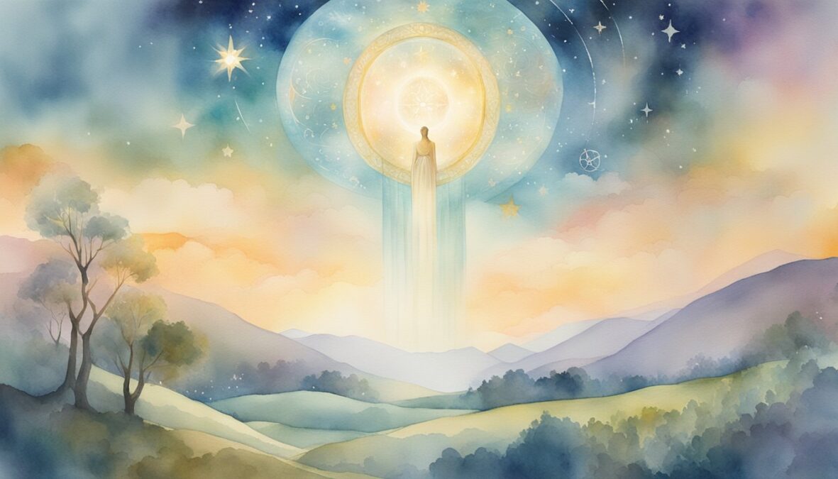 A glowing, ethereal figure hovers above a peaceful landscape, surrounded by celestial symbols and radiant light