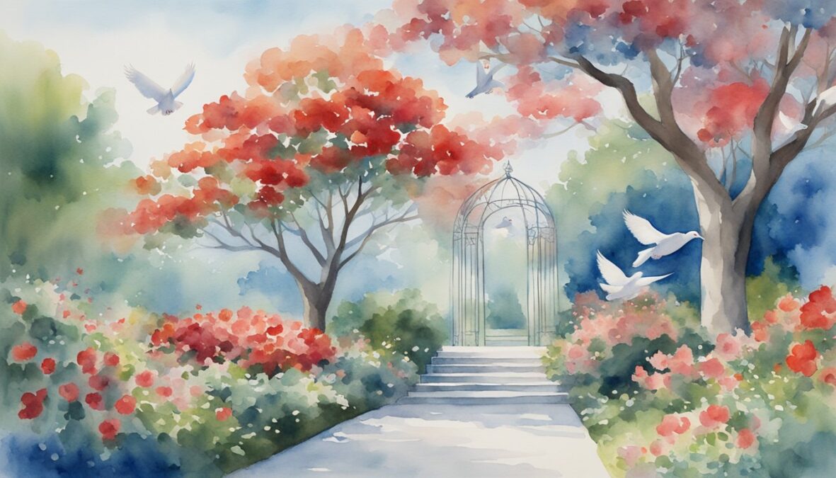 A serene garden with two tall trees, each bearing two sets of vibrant red flowers, while two white doves fly overhead in a clear blue sky