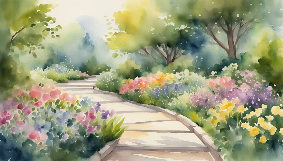 A serene garden with a winding path leading to a glowing number 2221, surrounded by blooming flowers and a peaceful atmosphere