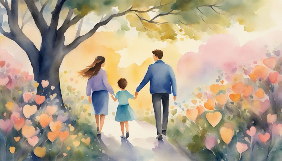 A couple walks hand in hand, surrounded by blooming flowers and a heart-shaped tree, with the numbers 507 subtly incorporated into the scenery