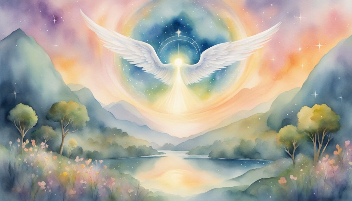 A glowing 537 angel number hovers above a serene landscape, surrounded by celestial symbols and a sense of peaceful energy